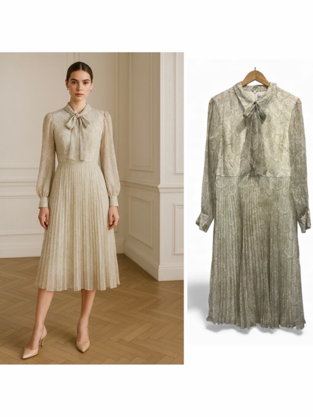 Mikael Aghal Tan Midi Dress Floral Pleated Chiffon 12 Wedding Guest Long Sleeve